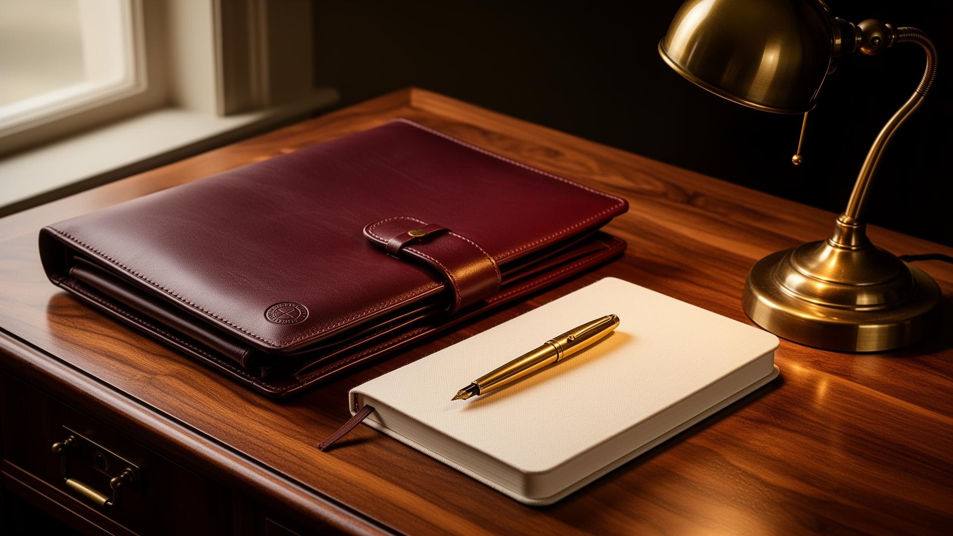 A leather portfolio, fountain pen, and linen-bound notebook on a walnut desk.